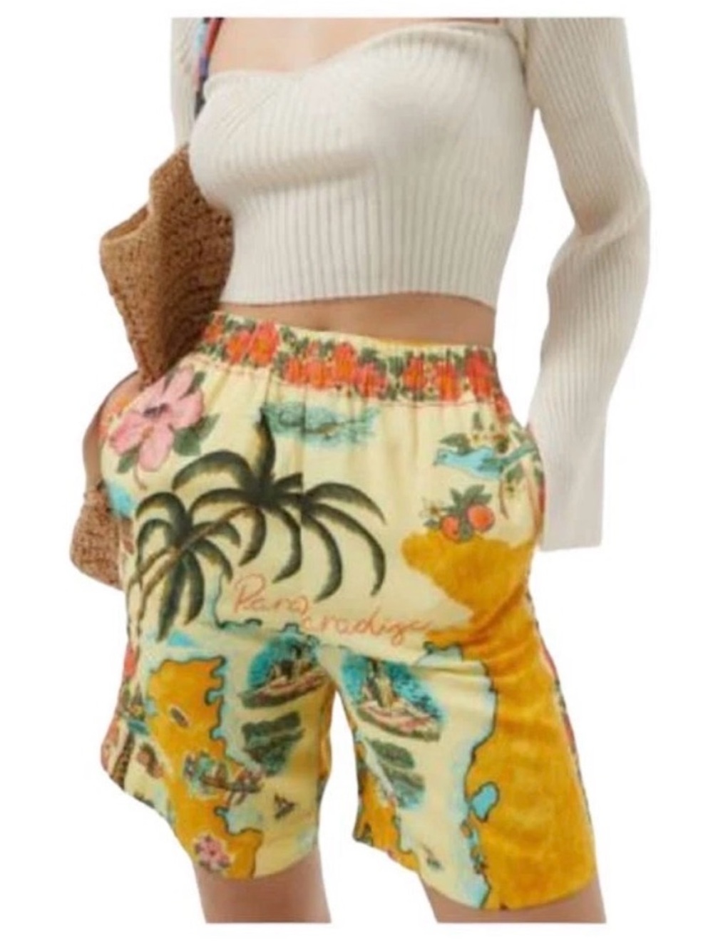 Tropical Print Elastic-Waist Women’s Shorts - Yellow Floral